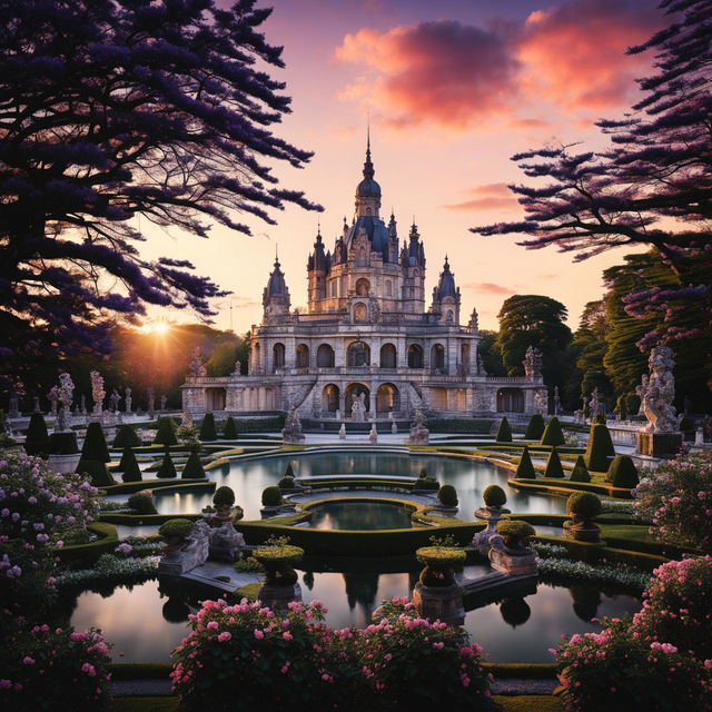 Rococo-style castle with intricate marble designs, surrounded by a symmetrical maze, water features, sculptures, blooming Jacaranda and Sakura trees in a manicured garden at sunset