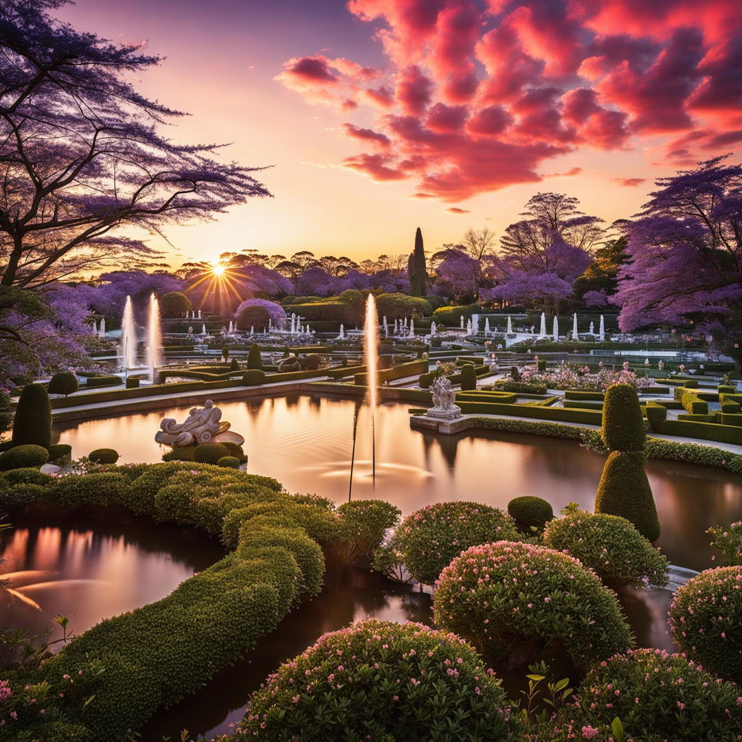 Elaborate fountains, sculptures, blooming Jacaranda and Sakura trees in a perfectly manicured garden at sunset