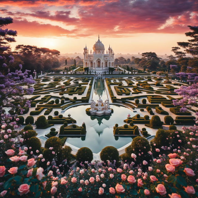 A Rococo-style marble castle inspired by Taj Mahal amidst a manicured maze garden with water features, sculptures, blooming roses, Jacaranda and Sakura trees at sunset