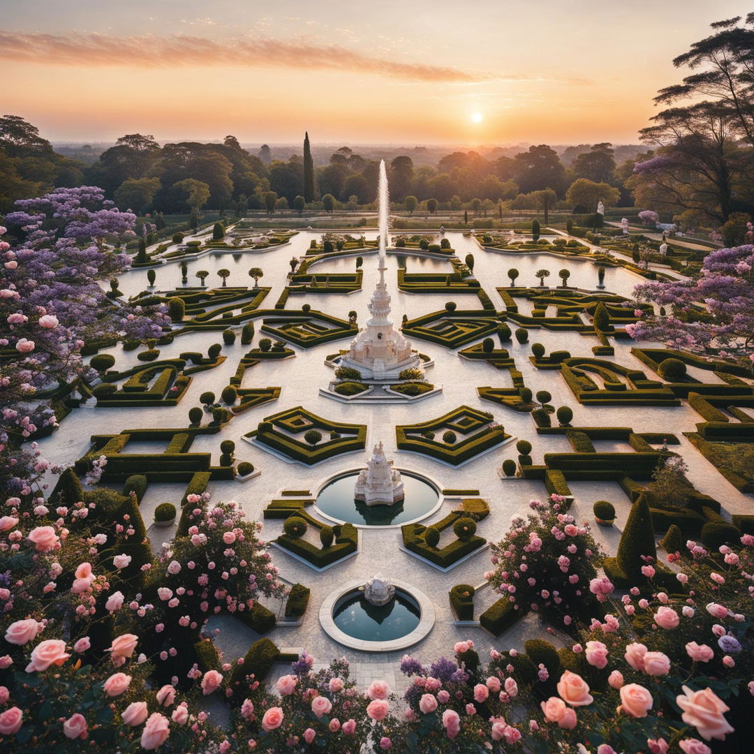 A Rococo-style marble castle inspired by Taj Mahal amidst a manicured maze garden with water features, sculptures, blooming roses, Jacaranda and Sakura trees at sunset