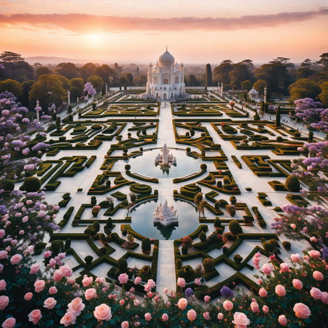 An enormous Rococo-style marble castle inspired by Taj Mahal amidst a manicured maze garden with water features, sculptures, blooming roses, Jacaranda and Sakura trees at sunset