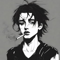 Generate an image of a personified figure of a doomer: youth dressed in black, with disheveled hair, a cigarette, and a chronically melancholic expression illustrating deep existential dread