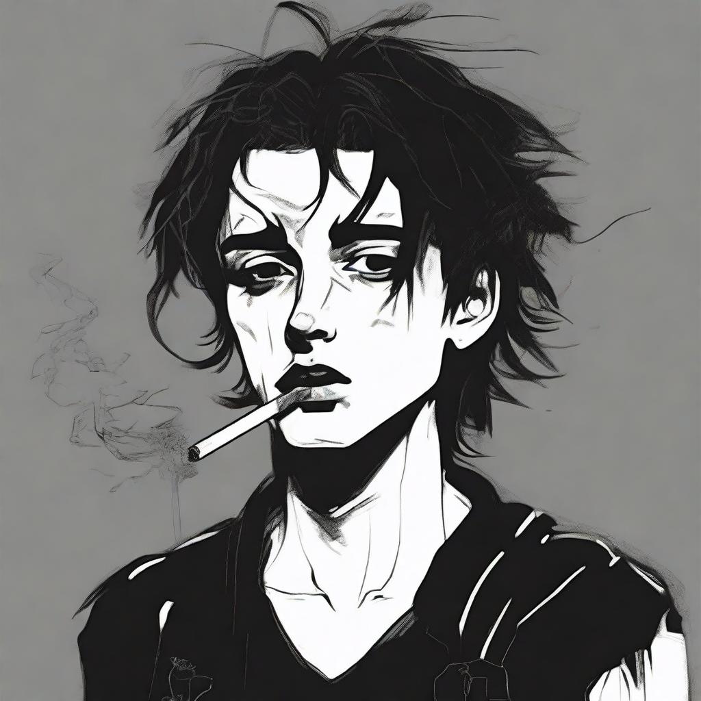 Generate an image of a personified figure of a doomer: youth dressed in black, with disheveled hair, a cigarette, and a chronically melancholic expression illustrating deep existential dread