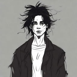 Generate an image of a personified figure of a doomer: youth dressed in black, with disheveled hair, a cigarette, and a chronically melancholic expression illustrating deep existential dread