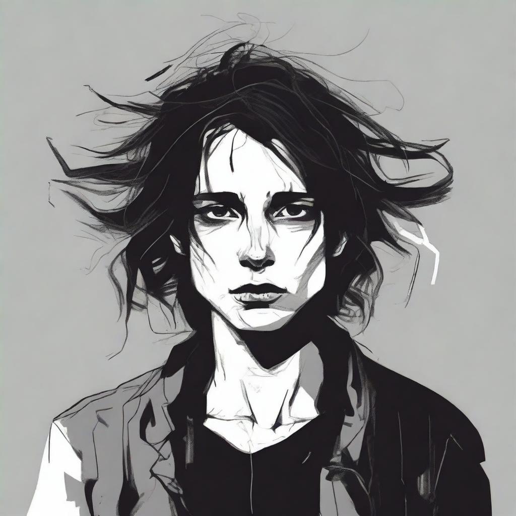 Generate an image of a personified figure of a doomer: youth dressed in black, with disheveled hair, a cigarette, and a chronically melancholic expression illustrating deep existential dread