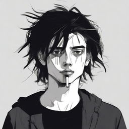 Generate an image of a personified figure of a doomer: youth dressed in black, with disheveled hair, a cigarette, and a chronically melancholic expression illustrating deep existential dread