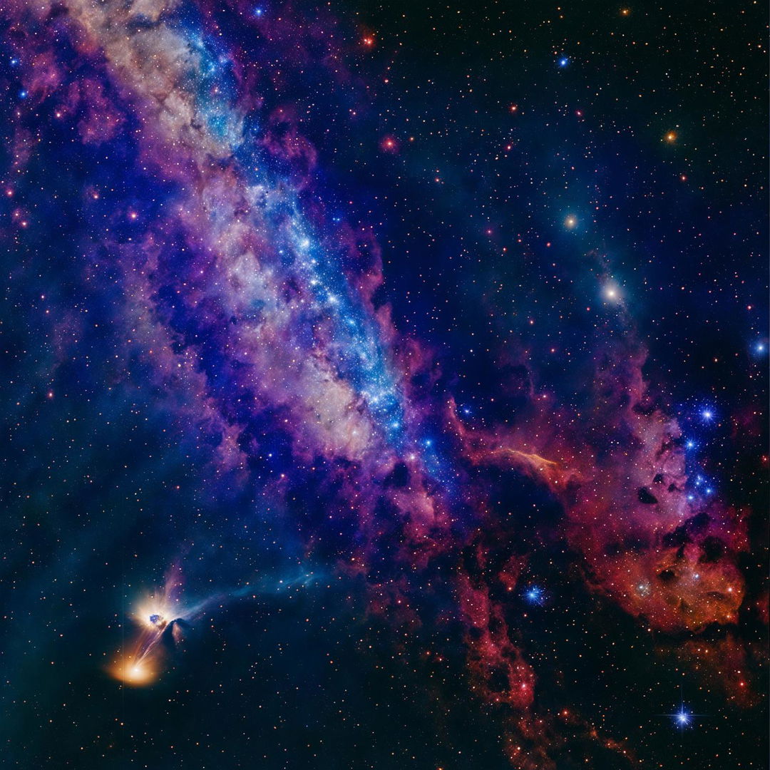 A James Webb Space Telescope photograph capturing the Milky Way galaxy in all its glory along with a comet streaking across space and a star undergoing supernova explosion