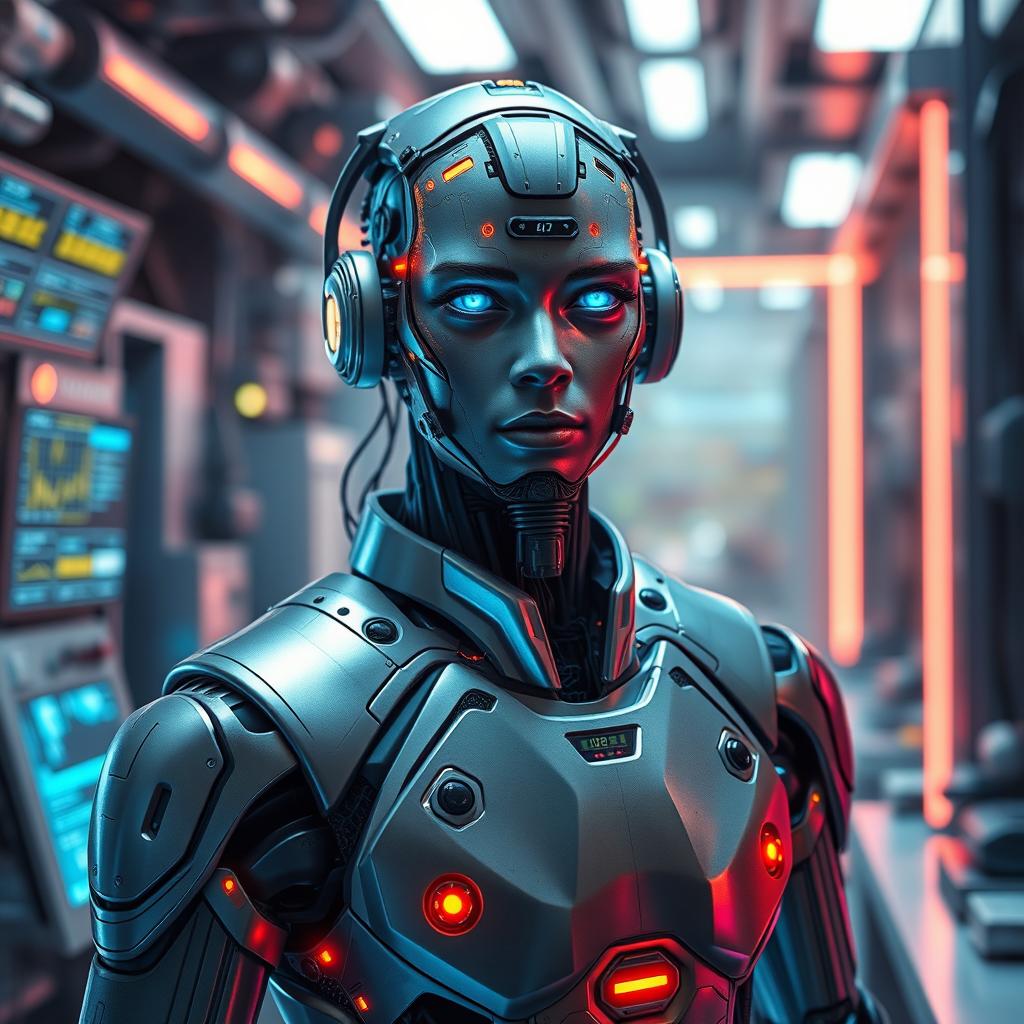 A futuristic reinterpretation of George Floyd as a cyborg named 'George Droyd', incorporating advanced technology and bioengineering