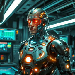 A futuristic reinterpretation of George Floyd as a cyborg named 'George Droyd', incorporating advanced technology and bioengineering
