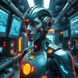 A futuristic reinterpretation of George Floyd as a cyborg named 'George Droyd', incorporating advanced technology and bioengineering
