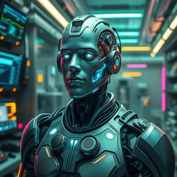 A futuristic reinterpretation of George Floyd as a cyborg named 'George Droyd', incorporating advanced technology and bioengineering
