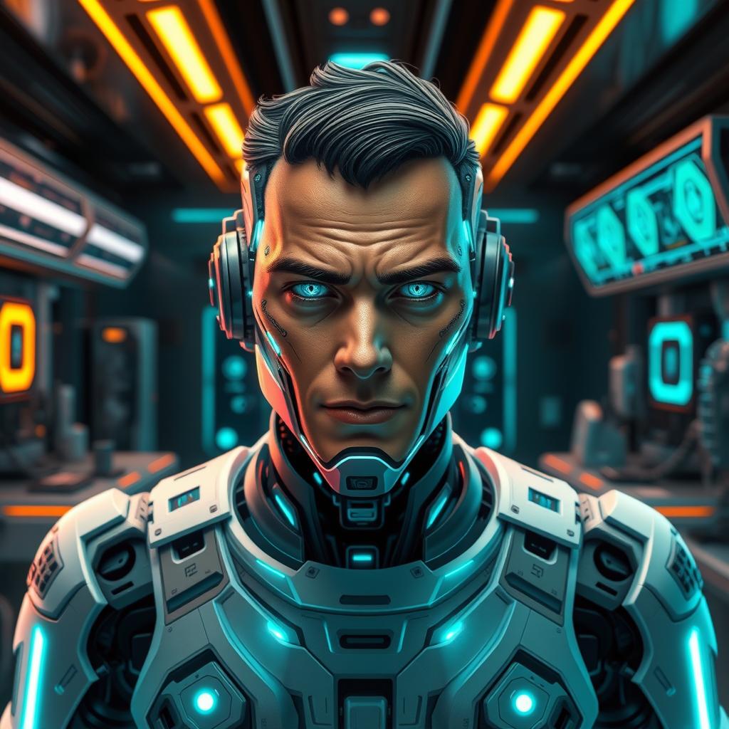 A futuristic interpretation of George Floyd as a cyborg named 'George Droyd', designed with advanced technology and bioengineering elements