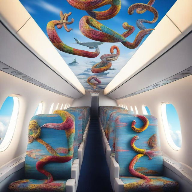 A large airplane mid-flight with various exotic and colorful snakes slithering along the seats, overhead compartments, and aisles against a contrasting tranquil sky backdrop