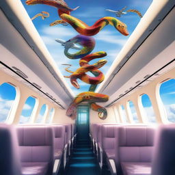 A large airplane mid-flight with various exotic and colorful snakes slithering along the seats, overhead compartments, and aisles against a contrasting tranquil sky backdrop