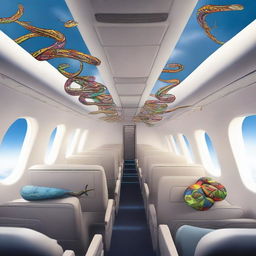 A large airplane mid-flight with various exotic and colorful snakes slithering along the seats, overhead compartments, and aisles against a contrasting tranquil sky backdrop