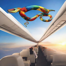 A large airplane mid-flight with various exotic and colorful snakes slithering along the seats, overhead compartments, and aisles against a contrasting tranquil sky backdrop