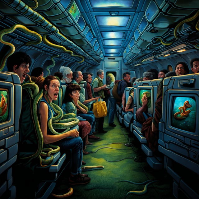 A commercial airplane filled with passengers reacting to various snakes slithering around the cabin.