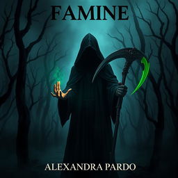 A dark and mysterious fantasy illustration featuring a hooded figure standing in a shadowy dead forest
