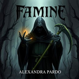A dark and mysterious fantasy illustration featuring a hooded figure standing in a shadowy dead forest