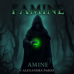 A dark and mysterious fantasy illustration featuring a hooded figure standing in a shadowy dead forest, holding glowing green scales in one hand