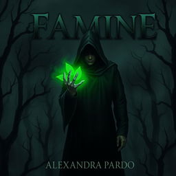 A dark and mysterious fantasy illustration featuring a hooded figure standing in a shadowy dead forest, holding glowing green scales in one hand