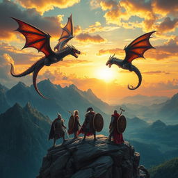 A stunning scene of majestic dragons soaring through a vibrant sunset sky, with fierce warriors standing poised on a rocky cliff ahead of them