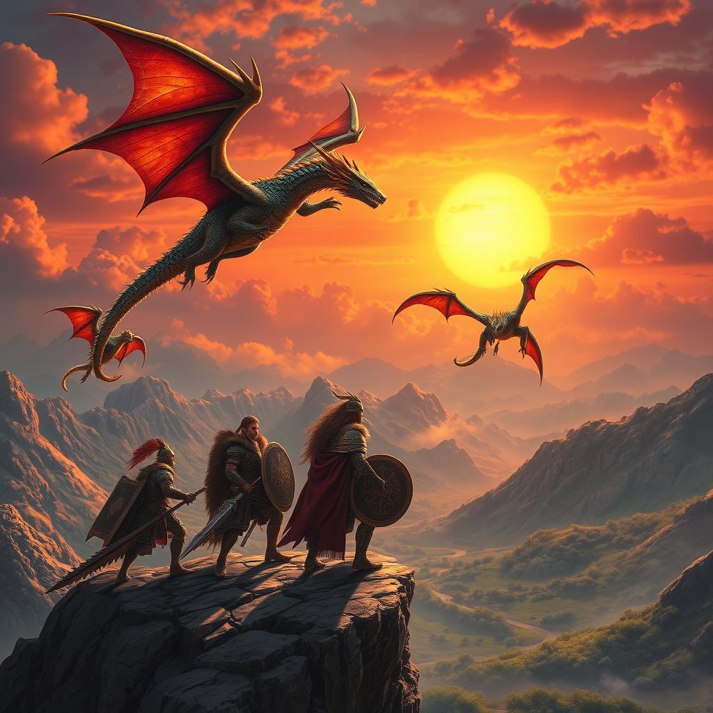 A stunning scene of majestic dragons soaring through a vibrant sunset sky, with fierce warriors standing poised on a rocky cliff ahead of them