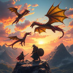 A stunning scene of majestic dragons soaring through a vibrant sunset sky, with fierce warriors standing poised on a rocky cliff ahead of them