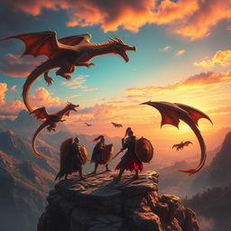 A stunning scene of majestic dragons soaring through a vibrant sunset sky, with fierce warriors standing poised on a rocky cliff ahead of them