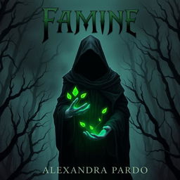 A dark and mysterious fantasy illustration featuring a hooded figure standing in a shadowy dead forest, holding glowing green leaves in one hand