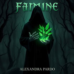 A dark and mysterious fantasy illustration featuring a hooded figure standing in a shadowy dead forest, holding glowing green leaves in one hand
