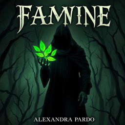 A dark and mysterious fantasy illustration featuring a hooded figure standing in a shadowy dead forest, holding glowing green leaves in one hand