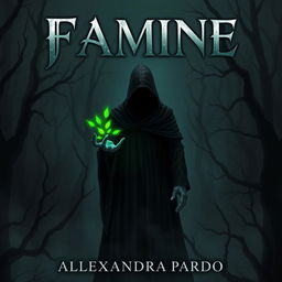 A dark and mysterious fantasy illustration featuring a hooded figure standing in a shadowy dead forest, holding glowing green leaves in one hand
