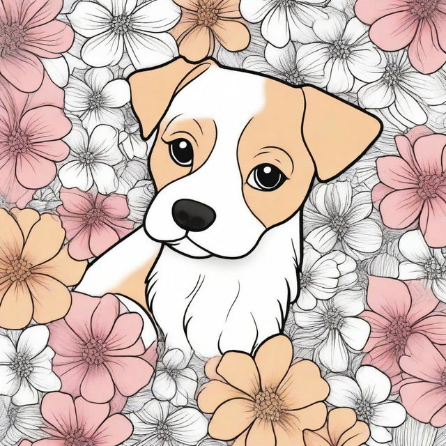 A charming, playful puppy amidst a beautifully detailed background of blooming flowers, drawn in the style of a coloring book page