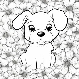 A charming, playful puppy amidst a beautifully detailed background of blooming flowers, drawn in the style of a coloring book page