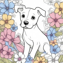 A charming, playful puppy amidst a beautifully detailed background of blooming flowers, drawn in the style of a coloring book page