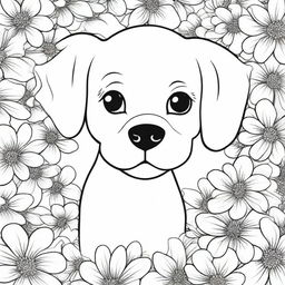 A charming, playful puppy amidst a beautifully detailed background of blooming flowers, drawn in the style of a coloring book page