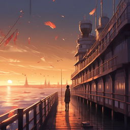 Complete the Makoto Shinkai-inspired illustration series. Balance an atmosphere of celebration with sorrow. The shoreline exults and bells ring in the distance, contrasting with a lone figure walking mournfully along the deck where the captain lies, lifeless.