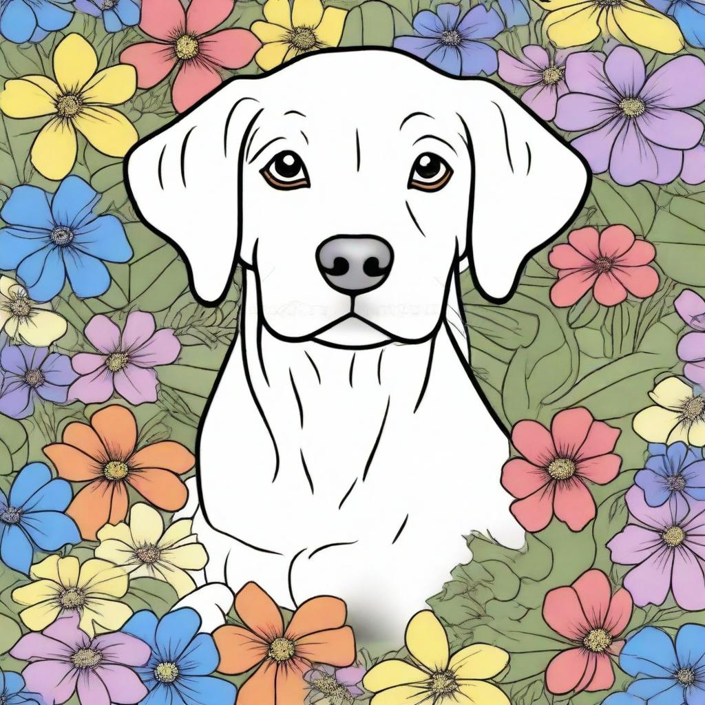 A delightful Labrador puppy in a vibrant garden filled with various flowers, organized in the style of a coloring book page.