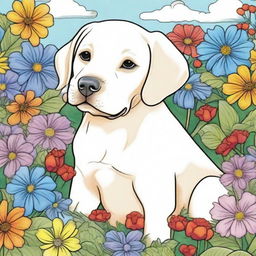 A delightful Labrador puppy in a vibrant garden filled with various flowers, organized in the style of a coloring book page.