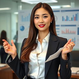 A gorgeous South Korean woman with large breasts, dressed attractively in a tailored suit as an auditor