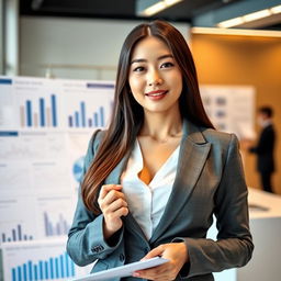 A gorgeous South Korean woman with large breasts, dressed attractively in a tailored suit as an auditor