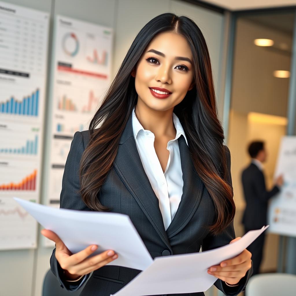 A gorgeous South Korean woman with large breasts, dressed attractively in a tailored suit as an auditor