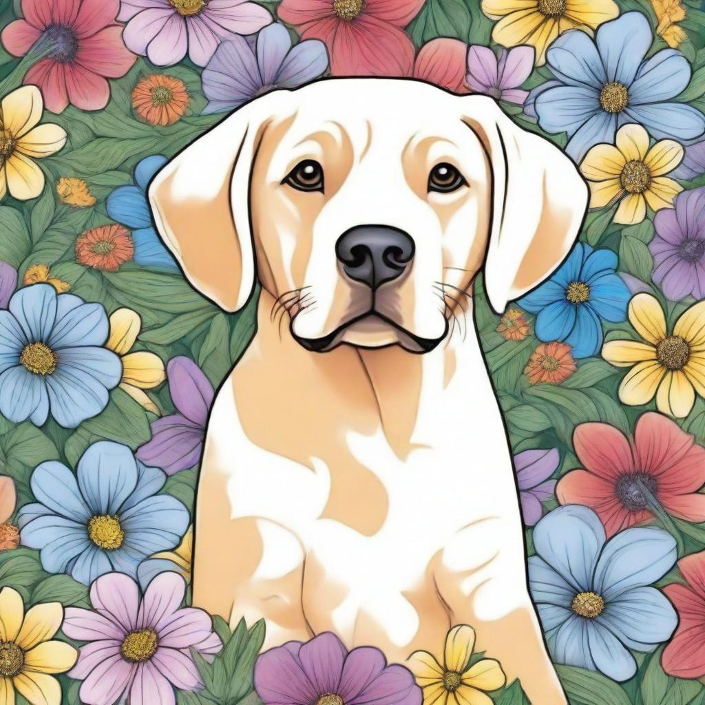 A delightful Labrador puppy in a vibrant garden filled with various flowers, organized in the style of a coloring book page.