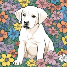 A delightful Labrador puppy in a vibrant garden filled with various flowers, organized in the style of a coloring book page.