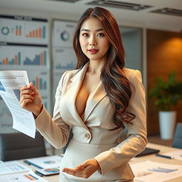 A beautiful South Korean woman with large breasts, stylishly dressed as an auditor