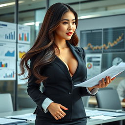 A beautiful South Korean woman with large breasts, stylishly dressed as an auditor