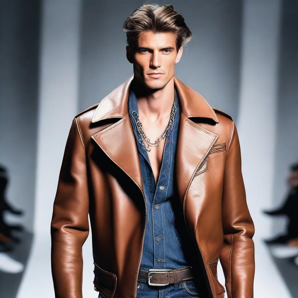 A handsome, slim male model walking the runway adorned in a leather coat, jeans and stylish jewelry.