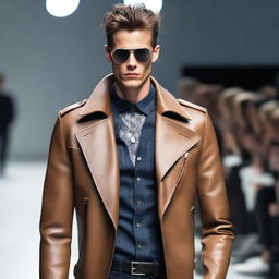 A handsome, slim male model walking the runway adorned in a leather coat, jeans and stylish jewelry.