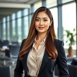 A beautiful South Korean woman with large breasts, elegantly dressed as a manager in a corporate setting